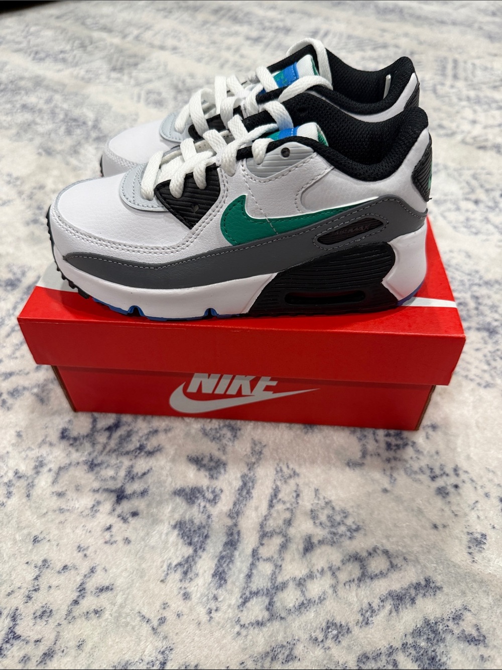 Nike Kids Air Max 90 White Sneakers with Green & Blue Accents